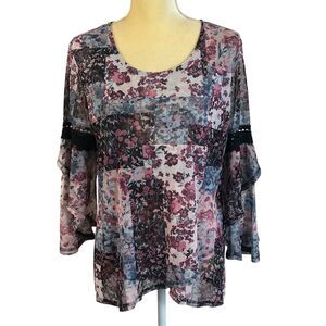 Est.‎ 1946 Floral Patchwork Blouse Bell Sleeve Semi-Sheer Top Size M Multicolor